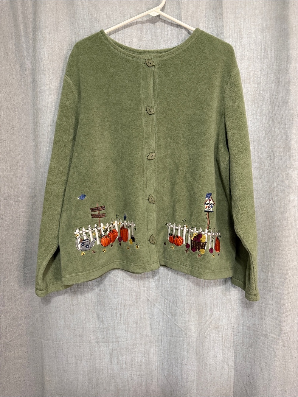 Vintage 90s Croft & Barrow Autumn Fleece Cardigan Sweater Sage Green Embroidered - Picture 2 of 14